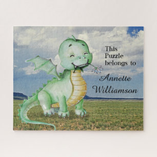 Cute Green Dinosaur personalise with Name Jigsaw Puzzle
