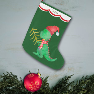 Cute Green Dinosaur Personalised Large Christmas Stocking