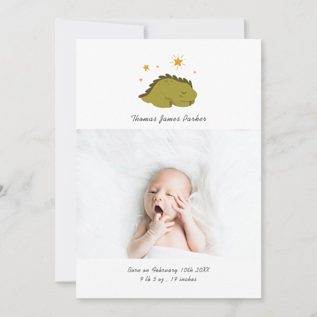Cute Green Dinosaur Photo Collage Birth Announcement (Front)