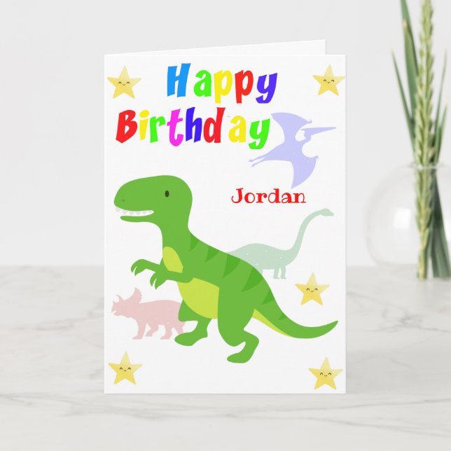 Cute Green Dinosaur T Rex Happy Birthday Card (Front)