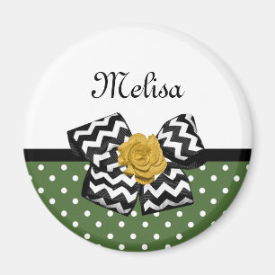Cute Green Dots Yellow Rose Chevron Bow and Name Magnet