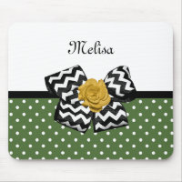 Cute Green Dots Yellow Rose Chevron Bow and Name