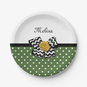 Cute Green Dots Yellow Rose Chevron Bow and Name Paper Plate