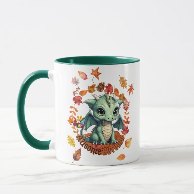 Cute Green Dragon “Autism Awesome Autumn” Design  Mug (Left)