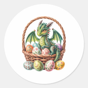 Cute Green Dragon Collecting Easter Eggs Earth Dra Classic Round Sticker