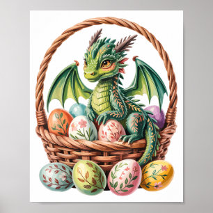 Cute Green Dragon Collecting Easter Eggs Earth Dra Poster