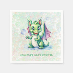 Cute Green Dragon with Bubbles Boy Baby Shower Napkin