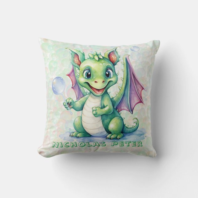 Cute Green Dragon with Bubbles Boy Custom Gift Cushion (Front)