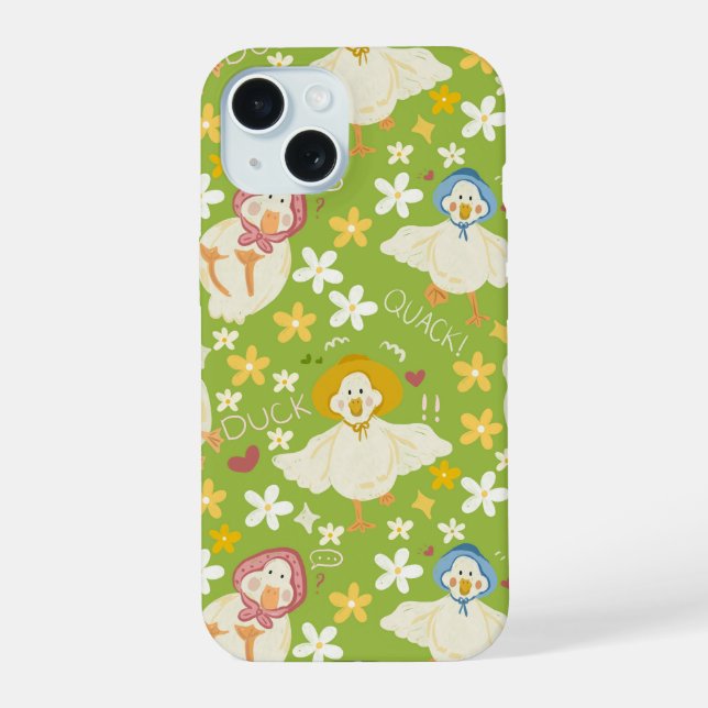 Cute Green Duck & Daisy Flower Seamless Pattern iPhone 15 Case (Back)