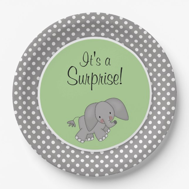 Cute Green Elephant Gender Neutral Baby Shower Paper Plate (Front)