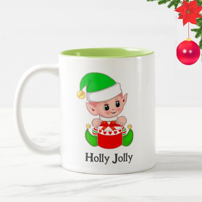 Cute Green Elf Christmas Gift Two-Tone Coffee Mug (Creator Uploaded)