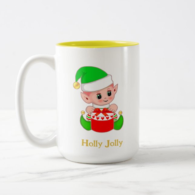 Cute Green Elf Christmas Gift Two-Tone Coffee Mug (Left)