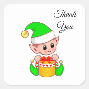 Cute Green Elf & Gift Box on White Square Sticker