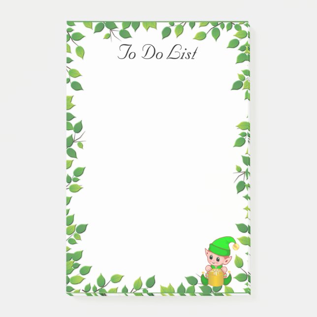 Cute Green Elf & Green Leaf Frame Post-it Notes (Front)