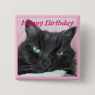 Cute Green Eyed Black Cat On Pink Blanket Birthday 15 Cm Square Badge