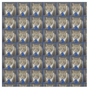 Cute green-eyed brown tabby cat wearing a blue tie fabric
