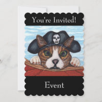 Cute Green Eyed Cat in Black Pirate Hat Red Boat