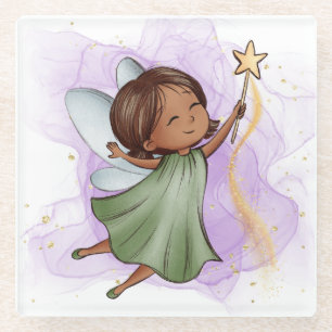 Cute Green Fairy Holding Star Wand Glass Coaster