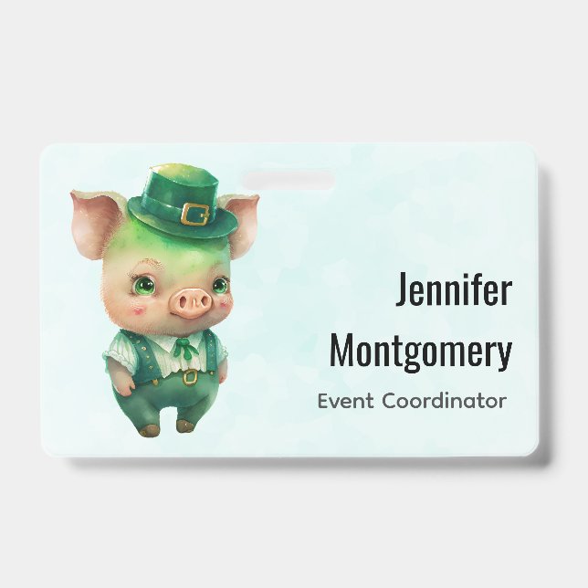 Cute Green Fairytale Pig in Fancy Attire ID Badge (Front)