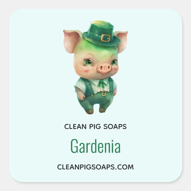 Cute Green Fairytale Pig in Fancy Attire Soap Biz Square Sticker (Front)