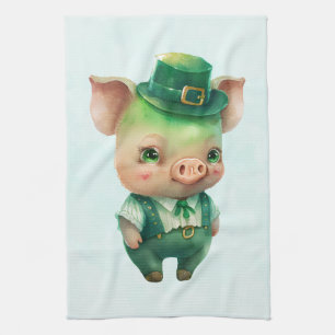 Cute Green Fairytale Pig in Fancy Attire Tea Towel