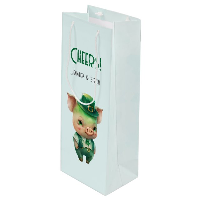 Cute Green Fairytale Pig in Fancy Attire Wine Gift Bag (Front Angled)
