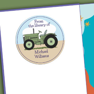 Cute Green Farm Tractor Personalised Bookplate Classic Round Sticker
