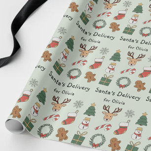 Cute Green Festive Kids Christmas Holiday Pattern Wrapping Paper