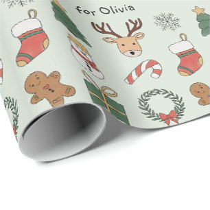 Cute Green Festive Kids Christmas Holiday Pattern Wrapping Paper