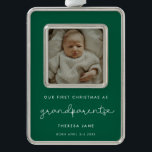 Cute Green First Christmas as Grandparents Photo Silver Plated Framed Ornament<br><div class="desc">A cute whimsical script and a modern design for this photo ornament gift. To customise with your favourite baby picture. You can also easily change the background colour. Perfect to celebrate your First Christmas as new grandparents.</div>