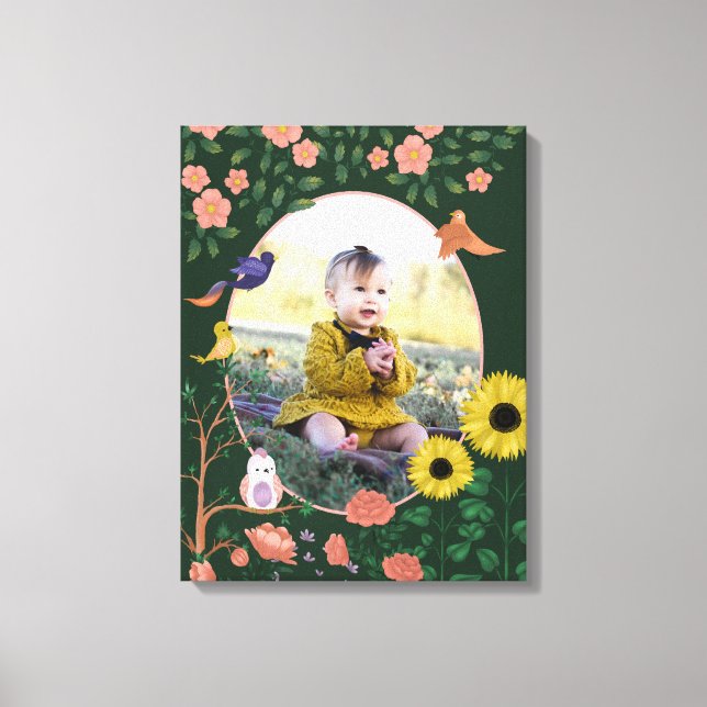 Cute Green Floral New Baby Photo Nursery Art Canvas Print (Front)
