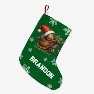 Cute Green Football Santa Sleigh Name Small Christmas Stocking
