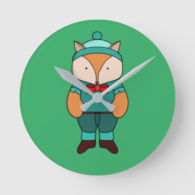 Cute green fox round clock (Front)