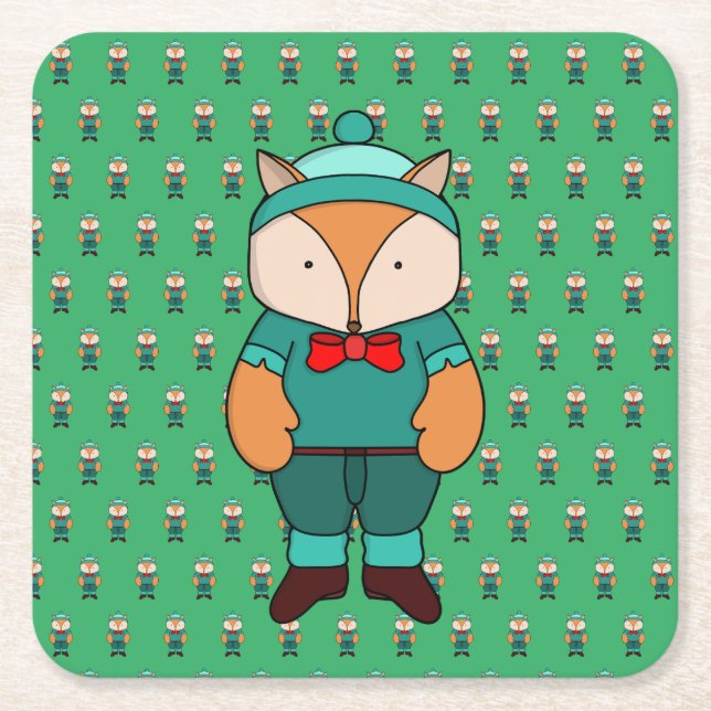 Cute green fox square paper coaster (Front)