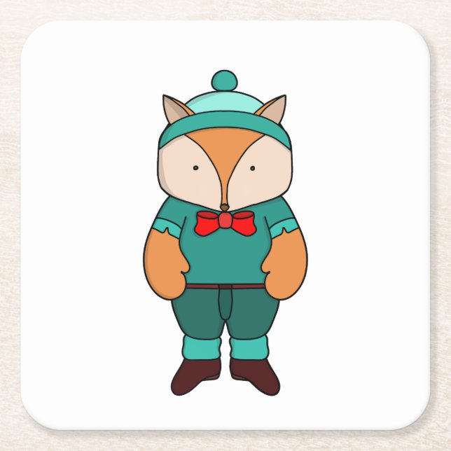 Cute green fox square paper coaster (Front)