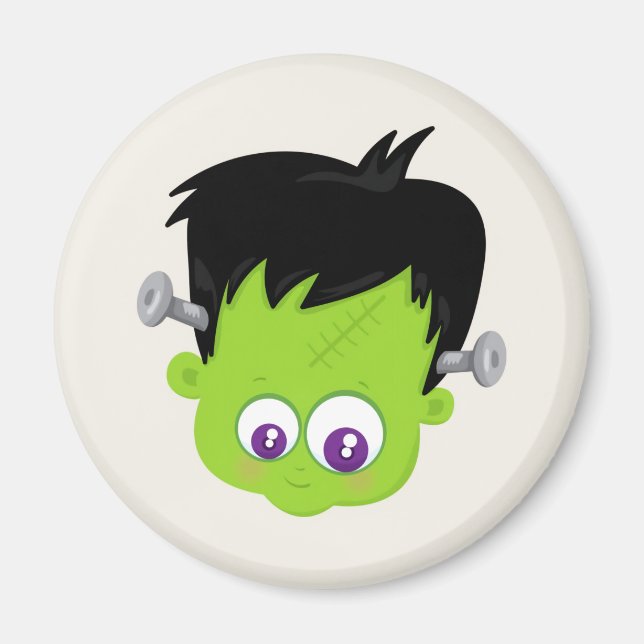 Cute Green Frankenstein Monster face Halloween Magnet (Front)