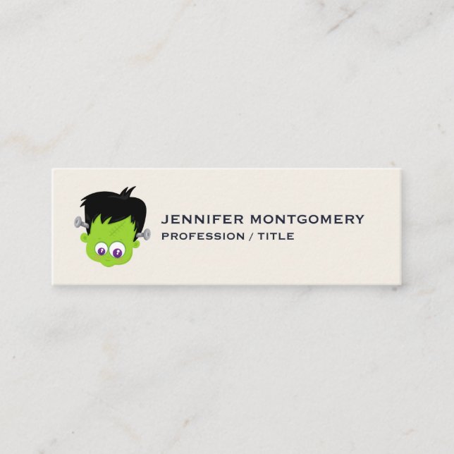 Cute Green Frankenstein Monster face Halloween Mini Business Card (Front)