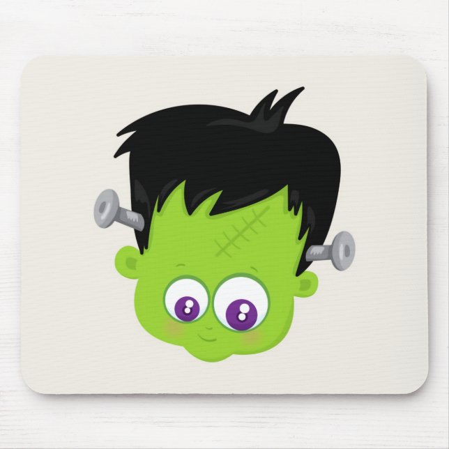 Cute Green Frankenstein Monster face Halloween Mouse Pad (Front)
