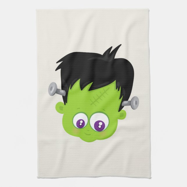 Cute Green Frankenstein Monster face Halloween Tea Towel (Vertical)