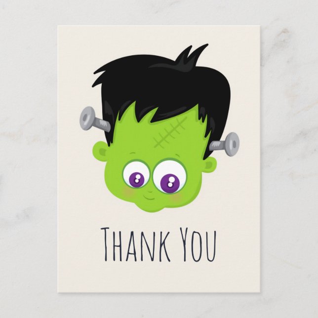 Cute Green Frankenstein Monster face Thank You Postcard (Front)