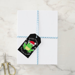 Cute Green Frog Christmas Santa Hat Cartoon Black Gift Tags