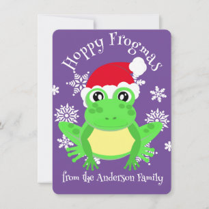 Cute Green Frog Christmas Santa Hat Cartoon Purple Holiday Card