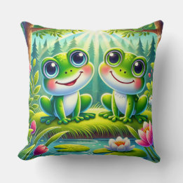 Cute Green Frog Couple Garden Whimsical Animal Cushion