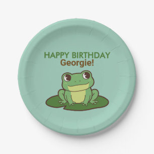 Cute Green Frog Happy Birthday Party Paper Plate