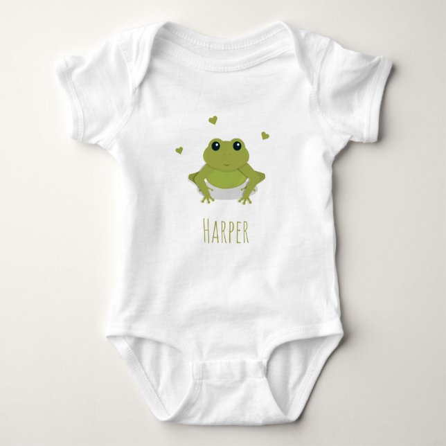 Cute Green Frog Hearts Name Illustration Cartoon Baby Bodysuit (Front)