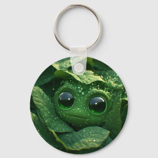 Cute Green Frog Hidden in Dewy Leaves – Whimsical Key Ring