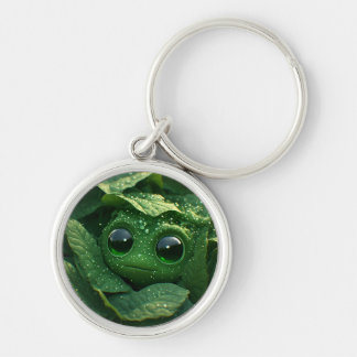 Cute Green Frog Hidden in Dewy Leaves – Whimsical Key Ring