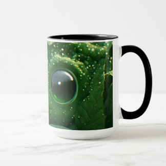 Cute Green Frog Hidden in Dewy Leaves – Whimsical Mug