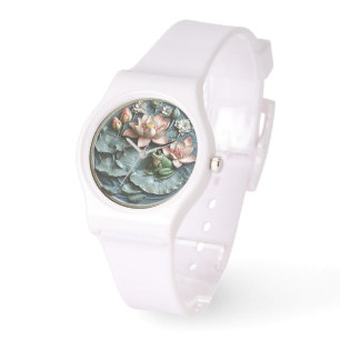 Cute Green Frog Lily Pads Pink Water Lilies Watch