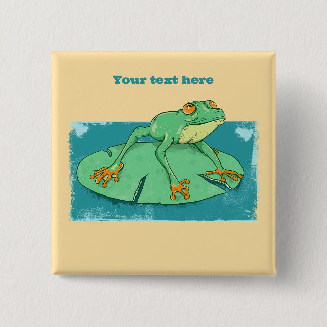 Cute green frog on a lily pad 15 cm square badge (Front)